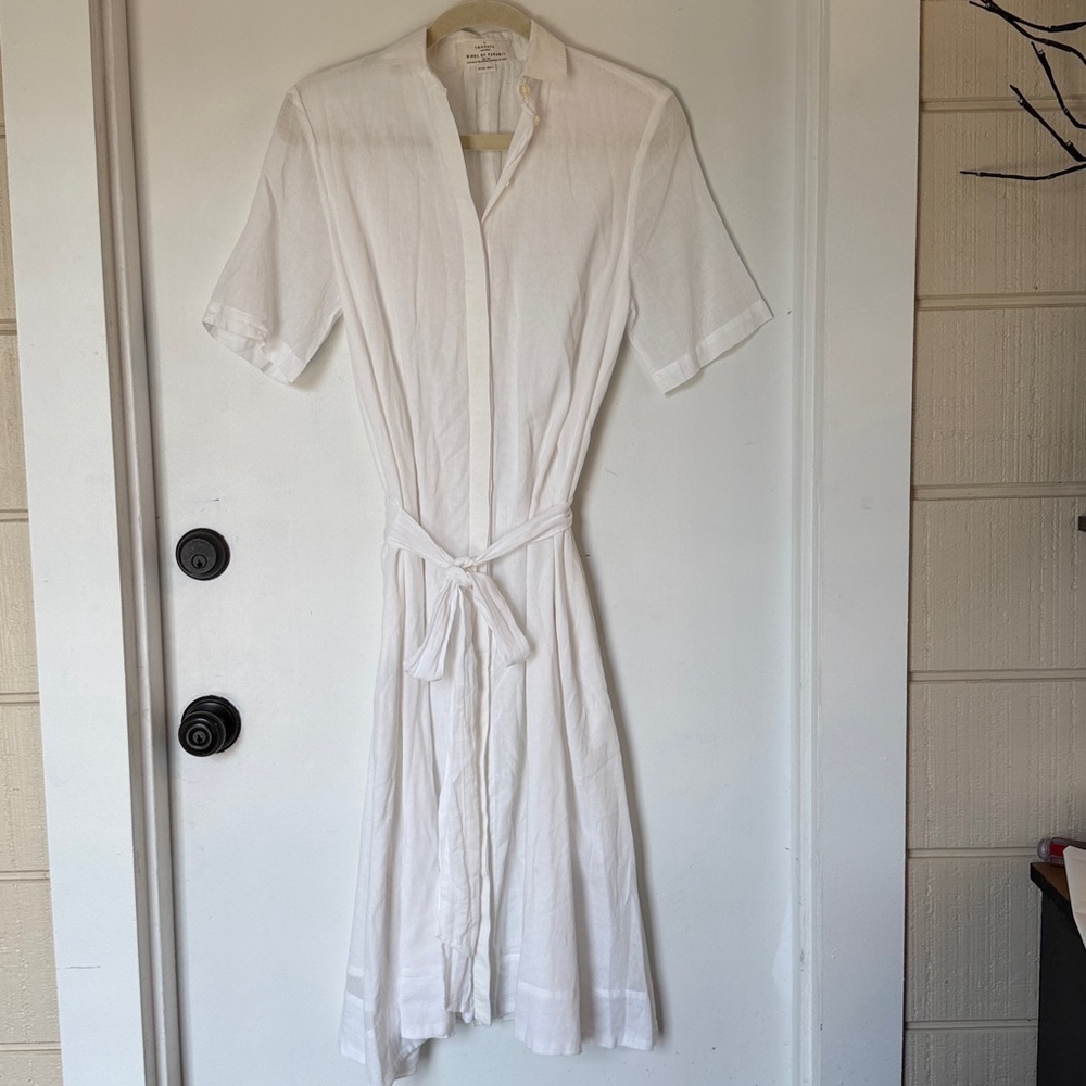 TROVATA Birds of Paradis short sleeve white cotton button down midi dress xs